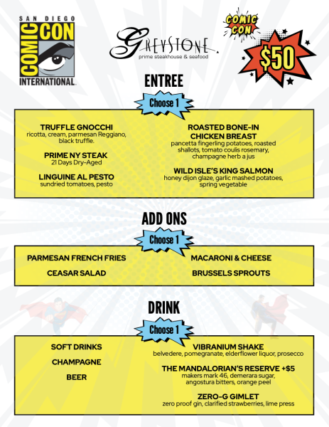 Greystone Steakhouse Comic Con menu for July 24th- July 27th
